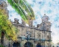 Santa Ana church of Las Palmas de Gran Canaria. Watercolor illustration