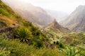 Santa Antao terrain at Cape Verde island. Mountain peaks of Xo-Xo valley with many local cultivated plantation near