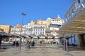 LISBON, PORTUGAL - NOVEMBER 5, 2017: Santa Apolonia railway station in Alfama neighborhood with colorful facades in the background