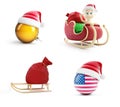 A santa bag, a child on a Santa sled, Santa`s hat on a white background 3D illustration, 3D rendering