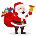 Santa with a bag of gifts smiling and waving a bell on a white. Royalty Free Stock Photo