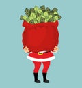 Santa and bag of money. Christmas gift cash. Red sack with dollars Royalty Free Stock Photo