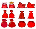 Santa bag set. Red sack of santa claus collection. Empty and tied up. Vector present package isolated on white background. Royalty Free Stock Photo