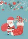 Santa with bag and sock candy canes merry christmas card