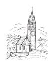 Santa Barbara chapel in the village of La Valle, Alta Badia. Italy, Europe. South Tyrol. Sketch hand drawn vector illustration