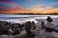 Santa Barbara beach sunset with balanced rocks Royalty Free Stock Photo