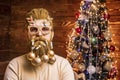 Santa in barbershop. Christmas or New Year barber shop concept. Beard with bauble. Christmas style for modern Santa. Royalty Free Stock Photo