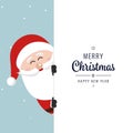 santa behind board merry christmas winter background