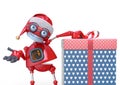 Santa bot beside the gift box in white background close up Royalty Free Stock Photo