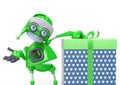 Santa bot beside the gift box in white background close up Royalty Free Stock Photo