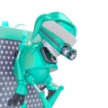 Santa bot leaning on the gift box in white background close up view Royalty Free Stock Photo