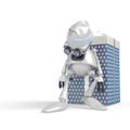 Santa bot leaning on the gift box in white background front view Royalty Free Stock Photo