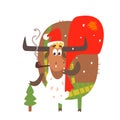 Santa Bull with Beard and Sack. Christmas Vector