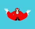Santa Bull yoga. Christmas meditating. Cow with beard in red suit lotus pose. Illustration for new year 2021