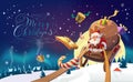 Santa with the bunch of presents riding on a sleigh in the winter forest. Polar Lights in the background. Winter village Royalty Free Stock Photo