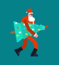 Santa carry Christmas tree. Claus man and Spruce. Grandfather ho