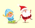 Santa Carry Snow Maiden on Sleigh Vector Character Royalty Free Stock Photo