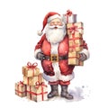 Santa Carrying Gifts For Christmas Event. Watercolor Style. AI Generated