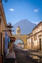 Santa Catalina Arch ans Agua Volcano - Antigua, Guatemala Royalty Free Stock Photo