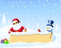 Santa,Christmas bird and Snowman with Christmas Bord Royalty Free Stock Photo