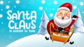 Santa christmas character vector design. Santa cluas is coming to town text with santa character riding in sleigh with red sack. Royalty Free Stock Photo