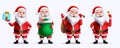 Santa christmas character vector set. Santa claus 3d characters standing and holding gifts, bag and bell elements for xmas. Royalty Free Stock Photo