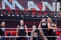 WWE NWO wrestlers Scott Hall, and Kevin Nash face off with DX and New Age Outlaws after match in ring