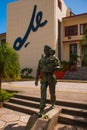 SANTA CLARA,CUBA, Statue of Che Guevara Holding a Child: Che Guevara statue or monument outside the Communist Party Headquarters i