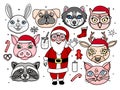 Santa Claus with animal characters. Hand drawing. Merry christmas Vector illustration set for holidays design isolated on white Royalty Free Stock Photo