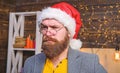 Santa claus attributes concept. Serious man beard mustache playing santa role. Christmas tradition. Man bearded mature