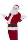 Santa Claus authentic portrait isolated on white background hold up his hands in some funny, helpless, lack of knowledge or hold
