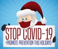 Santa Claus with Awareness Sign Promoting Prevention against COVID-19, Vector Illustration