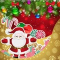 Santa Claus on the background of sweets, decorated Christmas balls branches.