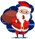 Santa claus with a bag behind his back says tc, character. Happy New Year and Merry Christmas Royalty Free Stock Photo