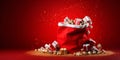 Santa claus bag full of gifts and decorations on red background, copy space. Merry Christmas shopping Royalty Free Stock Photo