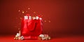 Santa claus bag full of gifts and decorations on red background, copy space. Merry Christmas shopping Royalty Free Stock Photo