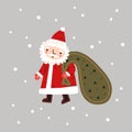 Santa Claus with a bag full of gifts in flat cartoon style. Christmas vector illustration. New Year decorative element Royalty Free Stock Photo