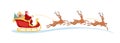 Santa Claus with a bag of gifts and a Christmas tree rides in a sleigh with reindeer, flat color cartoon vector Royalty Free Stock Photo