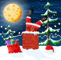 Santa claus with bag with gifts at house roof. Royalty Free Stock Photo