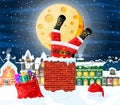 Santa Claus with Bag with Gifts at House Roof. Royalty Free Stock Photo