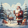 Santa Claus with a bag of gifts and reindeer in the winter forest. Generative AI Royalty Free Stock Photo