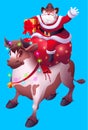 Santa Claus with bag of gifts rides bull. Merry christmas 2021 year of cow to Chinese calendar