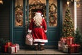 Santa Claus with bag of presents at the front door of the house Royalty Free Stock Photo