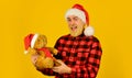 Santa Claus. Bearded man celebrate christmas. Christmas memories from childhood. Kind hipster with teddy bear. Charity
