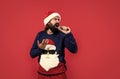 santa claus bearded man singer hold microphone wish happy new year and merry christmas holiday ready to celebrate winter Royalty Free Stock Photo