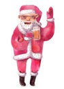 Santa Claus with beer mug. Watercolor hand made illustration drawn with brush and liquid ink, isolated on white background. Royalty Free Stock Photo