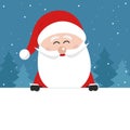 santa claus behind blank banner christmas winter landscape background Royalty Free Stock Photo