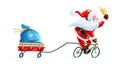 Santa claus with bell at bicycle. Christmas cartoon character.