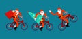 Santa Claus on bicycle set. Red bag and Christma tree. Happy New