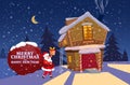 Santa Claus with big bag of gifts delivery gifts . Night winter landscape, noel. Vector illustration poster, greeting Royalty Free Stock Photo